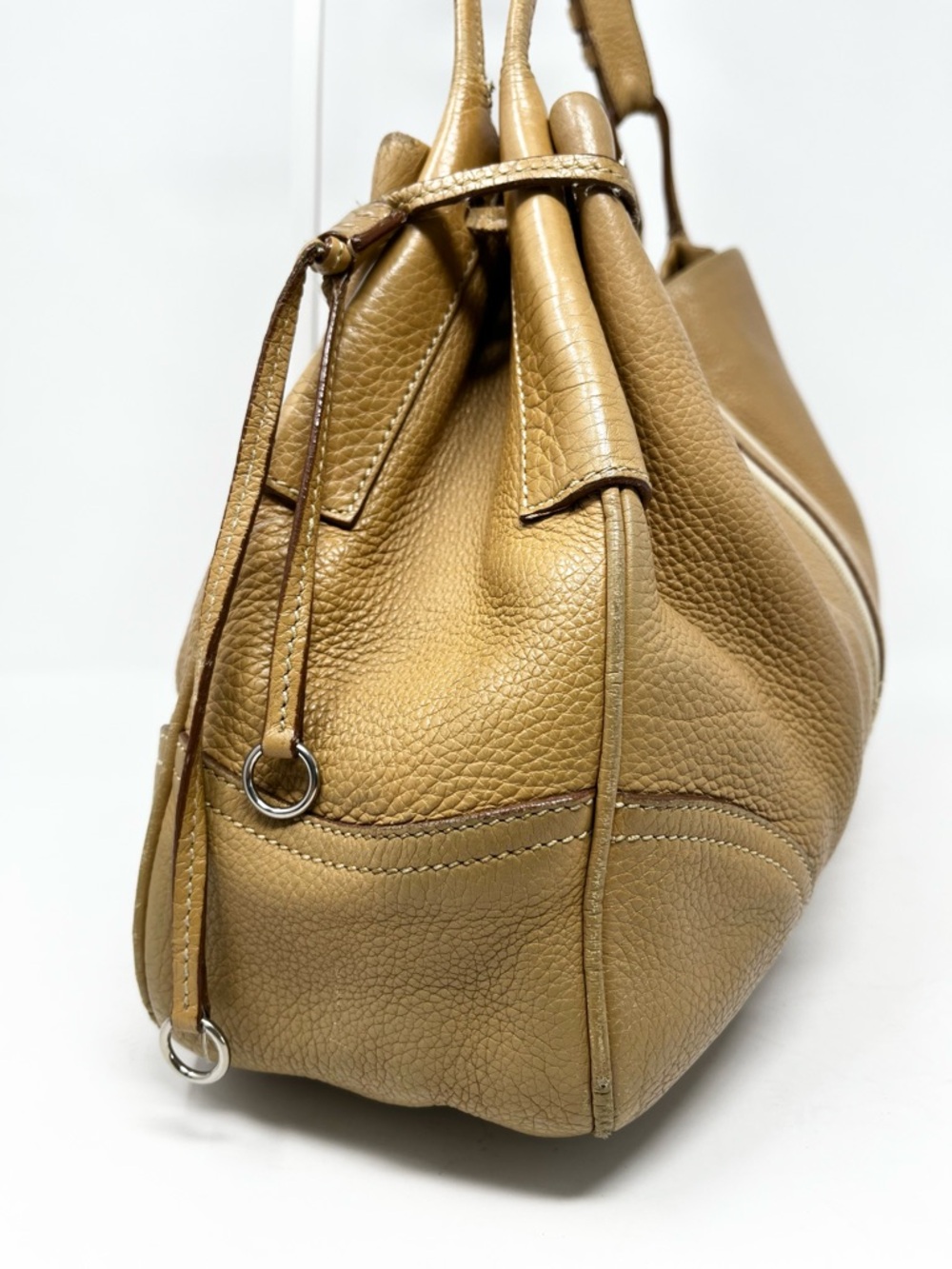 Authentic Vintage Prada 90s Brown Tan Triangle Logo Leather Shoulder Hobo Bag - Picture 7 of 16